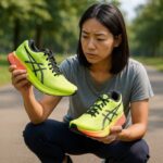 晴れた公園の並木道で、日本人女性ランナーがアシックスMETASPEEDと思われる黄緑色のランニングシューズを両手に持ち、特徴を比較するように真剣な表情で見つめている様子