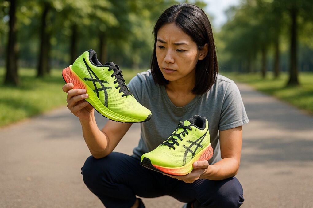 晴れた公園の並木道で、日本人女性ランナーがアシックスMETASPEEDと思われる黄緑色のランニングシューズを両手に持ち、特徴を比較するように真剣な表情で見つめている様子