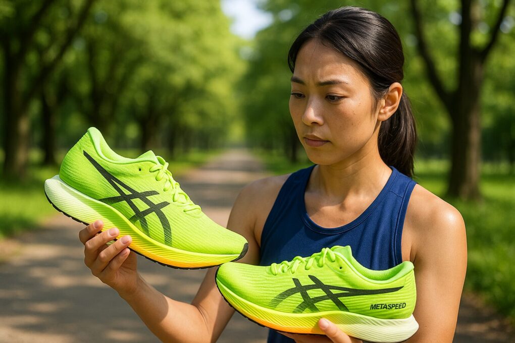 緑が生い茂る並木道の中で、日本人女性ランナーがアシックスMETASPEEDのランニングシューズを両手に持ち、特徴の違いを真剣に見比べている様子