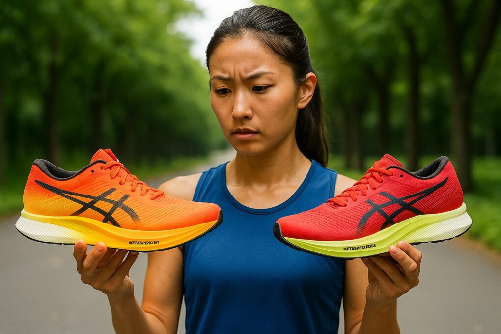 緑の並木道で、日本人女性ランナーがアシックスMETASPEED SKYとMETASPEED EDGEを左右の手に持ち、2モデルの違いを真剣に比較して見つめている様子