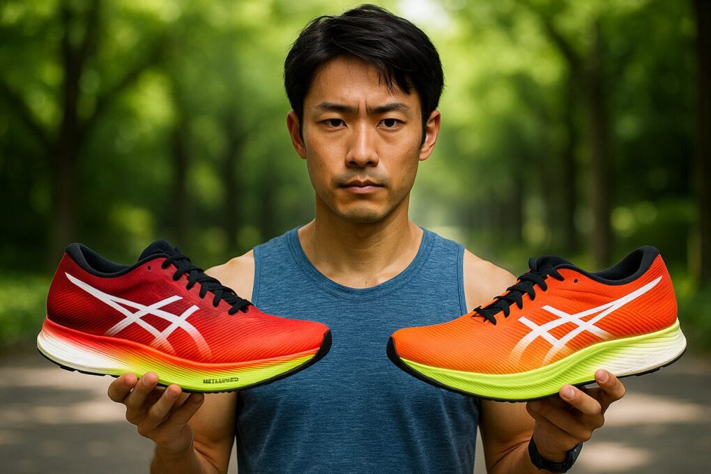 並木道で日本人男性ランナーがアシックスMETASPEED SKYとEDGEを左右の手に持ち、2モデルの違いを比較するように真剣な表情で見つめている様子