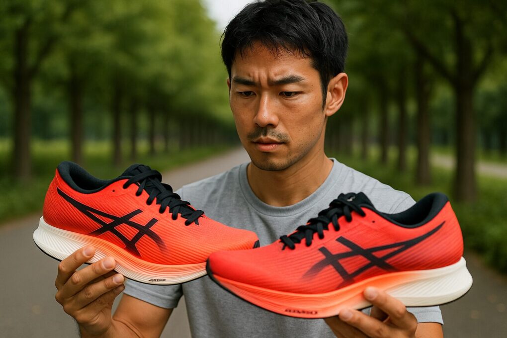 並木道で日本人男性ランナーが左右にアシックスMETASPEEDのシューズを持ち、サイズ感やフィット感を慎重に確かめるように見比べている様子