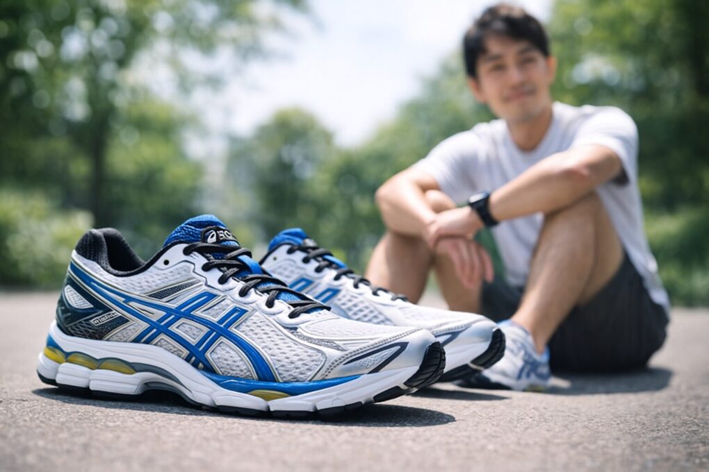 公園の明るい日差しの中、ASICS GEL-CUMULUS16のスニーカーが地面に置かれ、背景には座ってくつろぐ日本人男性がやわらかくボケて写っているシーン