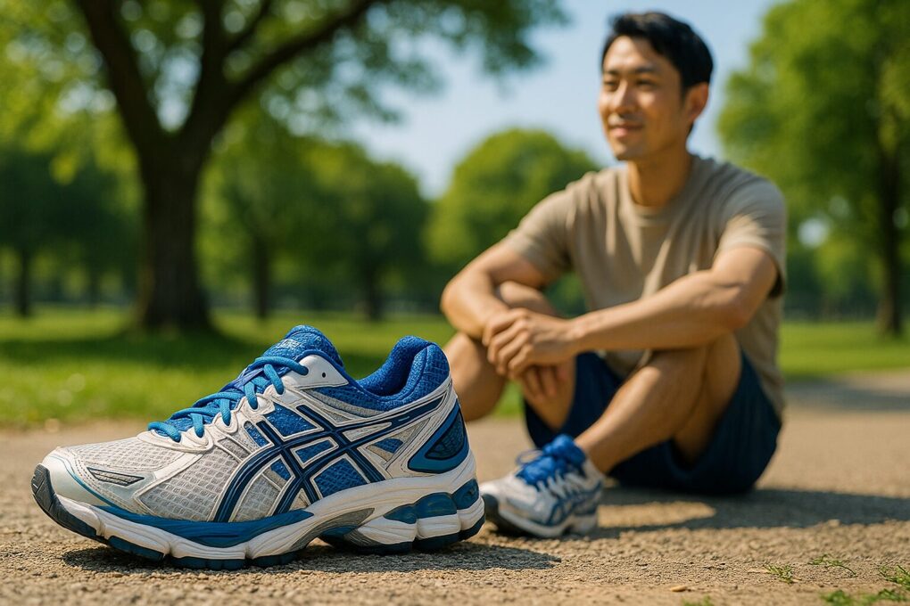 公園の明るい日差しの中、ASICS GEL-CUMULUS 16のシューズが砂利道に置かれ、背景には日本人男性がリラックスして座っている様子が柔らかくボケて写っているシーン