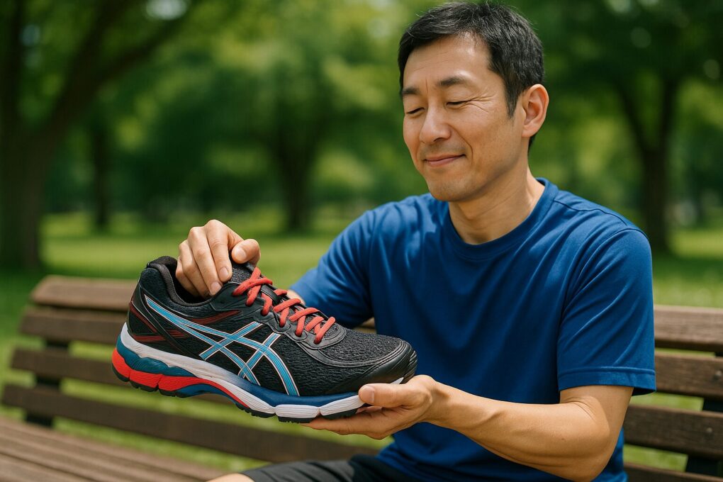 公園のベンチで日本人男性がASICSのランニングシューズを手に取り、クッション性能を確かめるようにやさしく押しながら微笑んでいる様子