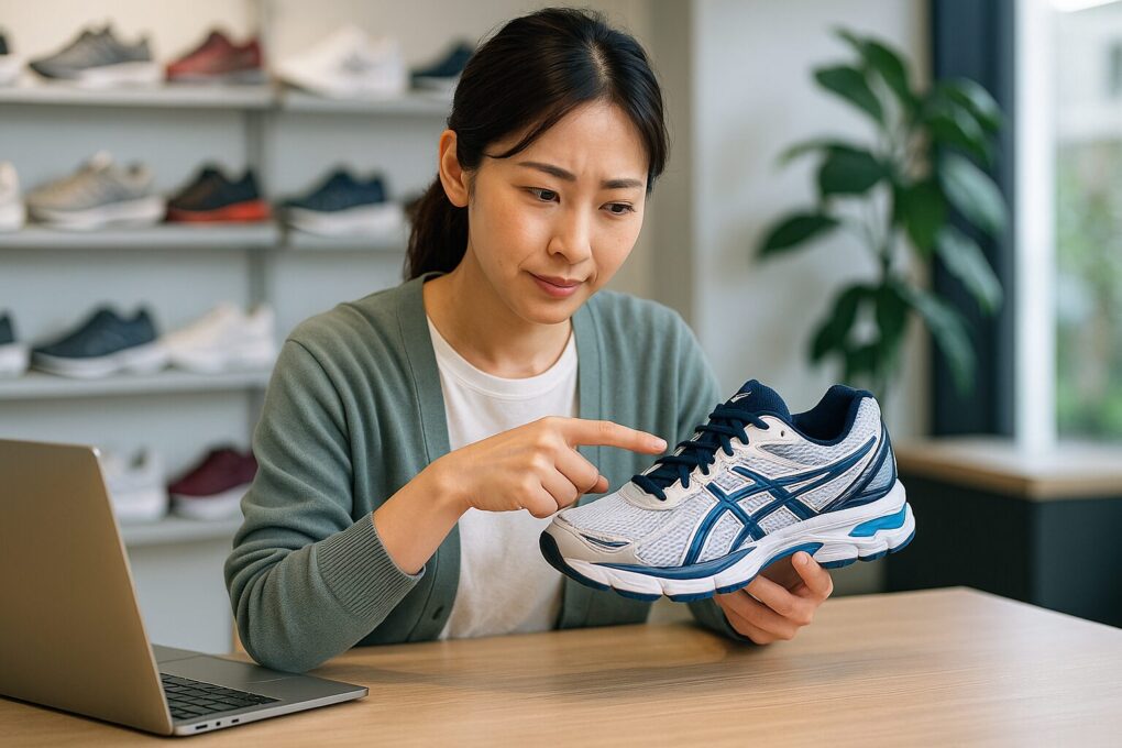 日本人女性が明るい店内でASICSのランニングシューズを手に取り、デザインやフィット感を慎重に確認している様子