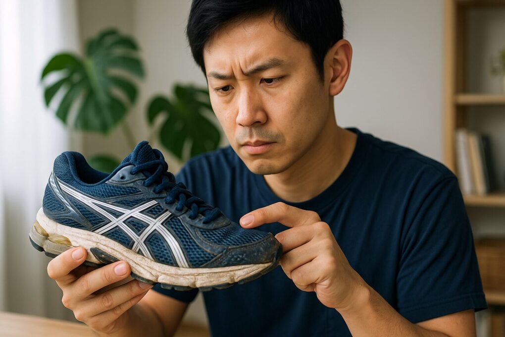 日本人男性が中古のASICSランニングシューズを手に取り、ソール部分の劣化を慎重に確認している様子