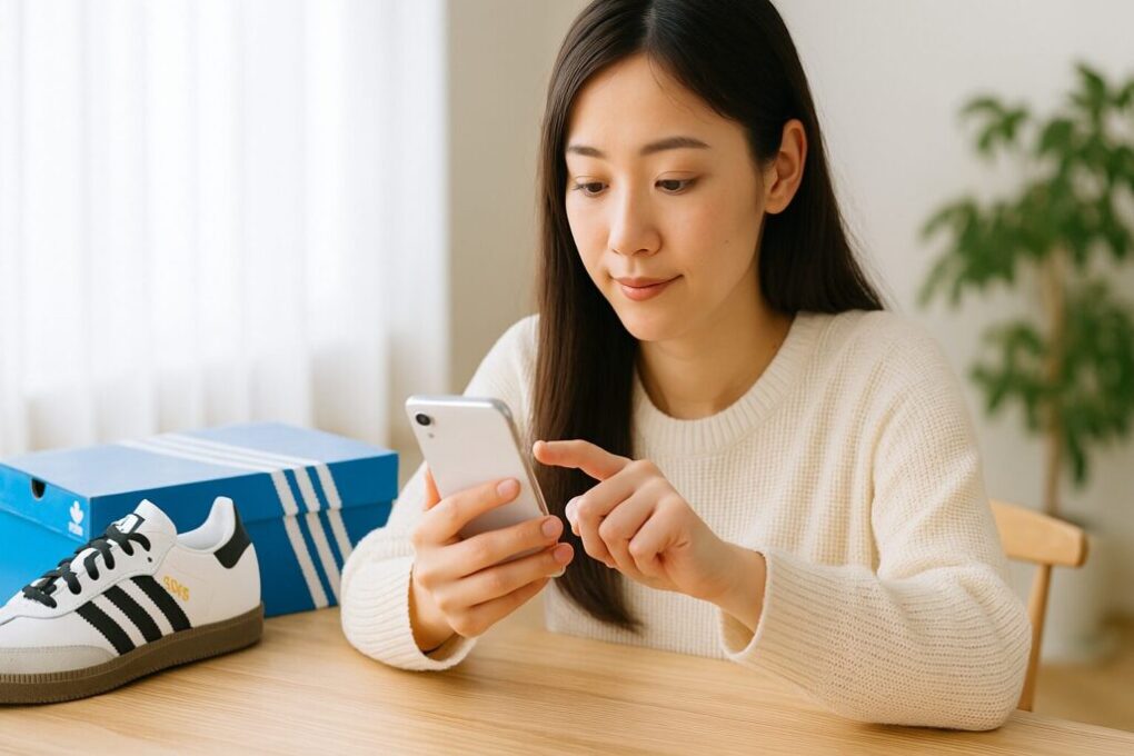 スマートフォンでスニーカー抽選販売の流れを確認する日本人女性。テーブルの上にはアディダスのスニーカーと青いシューズボックスが置かれ、明るい自然光が差し込む清潔感のある室内。