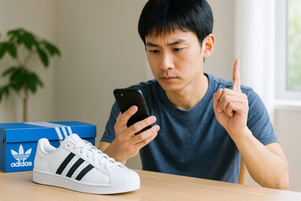 スマートフォンでアディダスの抽選情報を確認しながら考えている日本人男性。木製テーブルの上には白いアディダススニーカーと青いシューズボックスが置かれ、自然光が差し込む明るい室内。