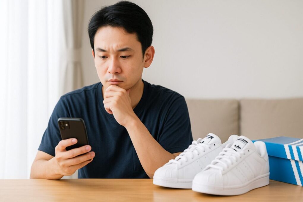 スマートフォンでアディダスのスニーカー抽選当選後の確認をする日本人男性。木製テーブルの上には白いスニーカーと青いアディダスの箱が置かれ、明るい自然光が差し込む清潔感のある室内。