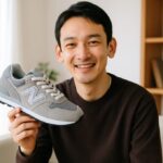 ニューバランスのスニーカーを手に持って笑顔を見せる日本人男性が、明るい室内で商品を紹介している様子