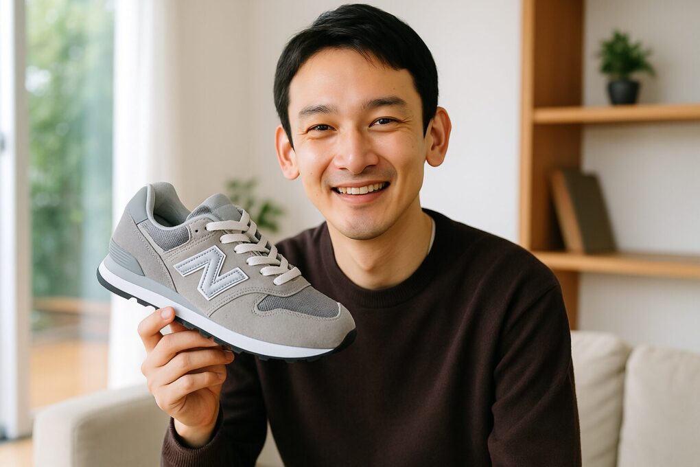 ニューバランスのスニーカーを手に持って笑顔を見せる日本人男性が、明るい室内で商品を紹介している様子