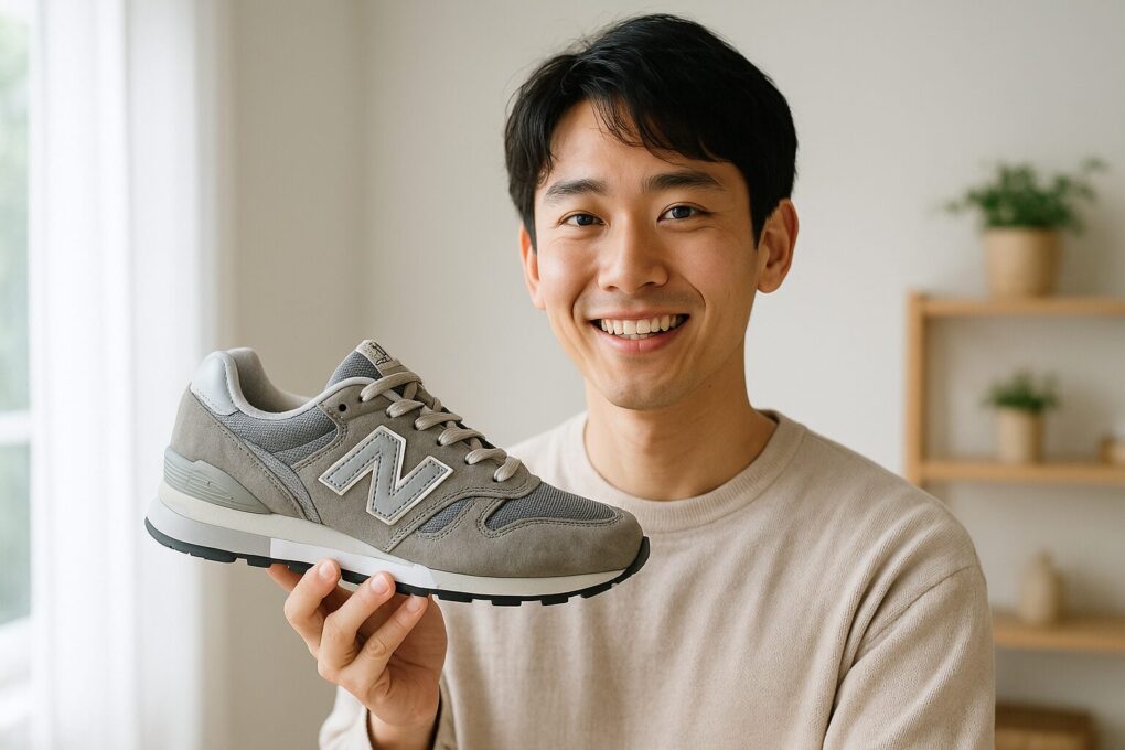 ニューバランスのグレーのスニーカーを手に持ち、明るい室内で笑顔を見せる日本人男性の様子