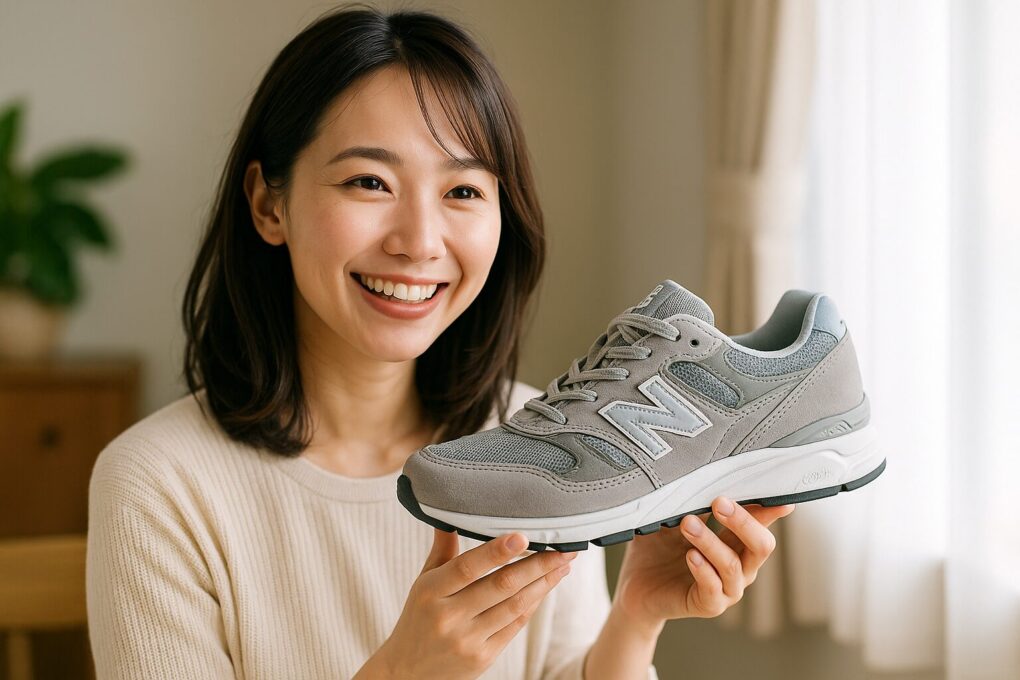 ニューバランスのスニーカーを手に持ち、明るい室内で笑顔を見せる日本人女性の様子
