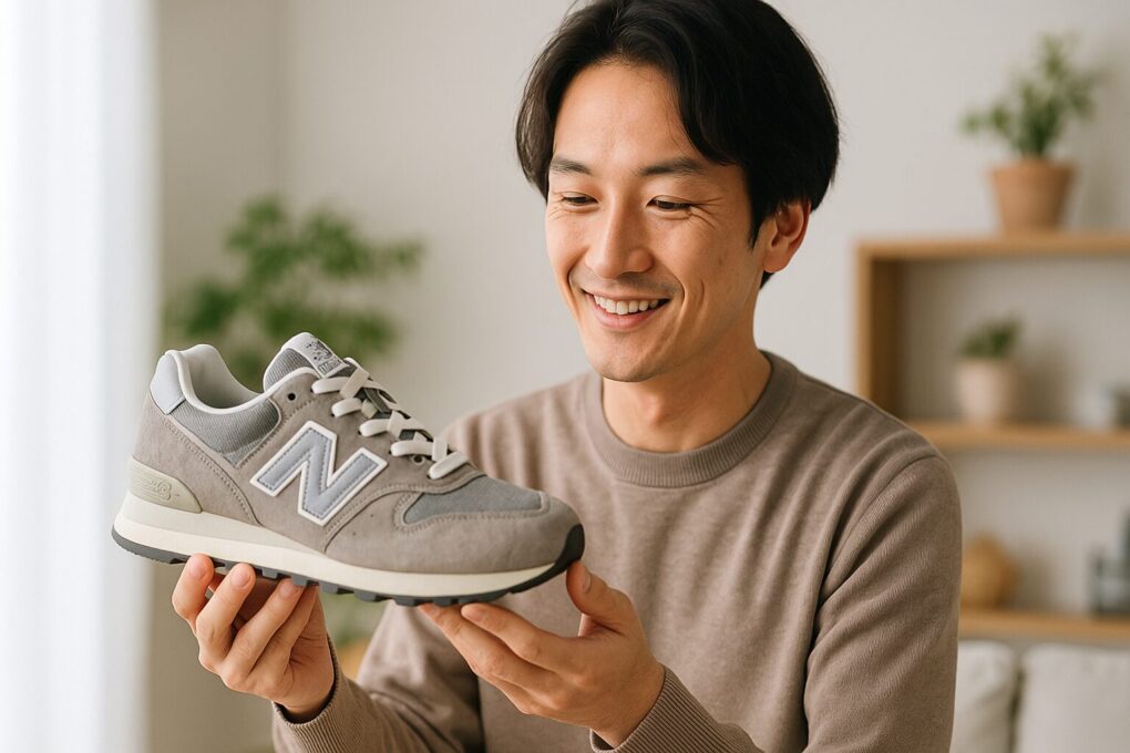 ニューバランスのスニーカーを手に持ち、明るい室内で優しく微笑む日本人男性の様子