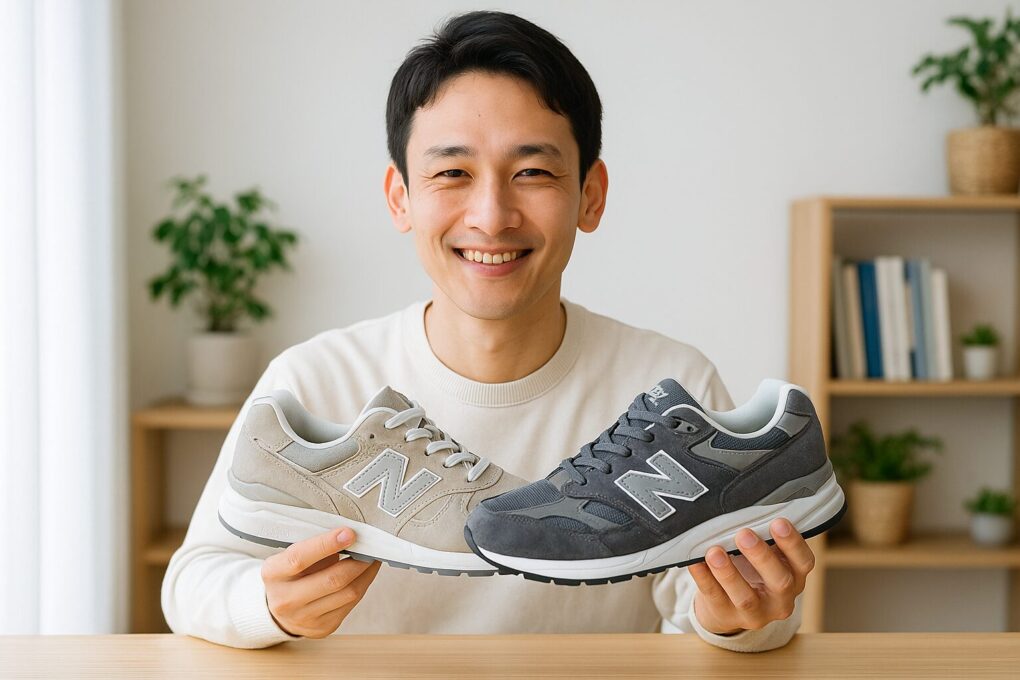 日本人男性がニューバランスの2種類のスニーカーを両手に持ち、明るい室内で比較しながら笑顔を見せている様子