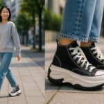 街路樹の並ぶ歩道で日本人女性が厚底スニーカーを履いて歩く様子と、靴の接地面を捉えたクローズアップを並置した横長16:9の写真。明るく清潔感のある自然光で、検証記事のアイキャッチに適する構図。