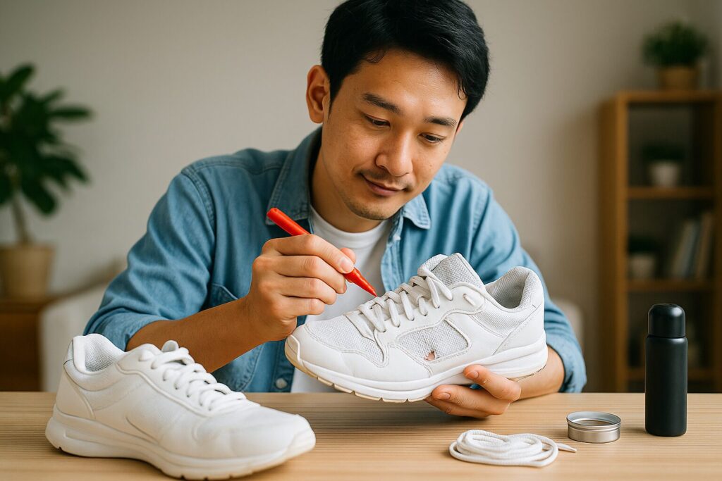 スニーカーの横が破れた部分を修理している日本人男性の手元。テーブルの上に白いスニーカー、接着剤、補修道具が置かれ、明るく清潔な部屋で丁寧に作業している様子。