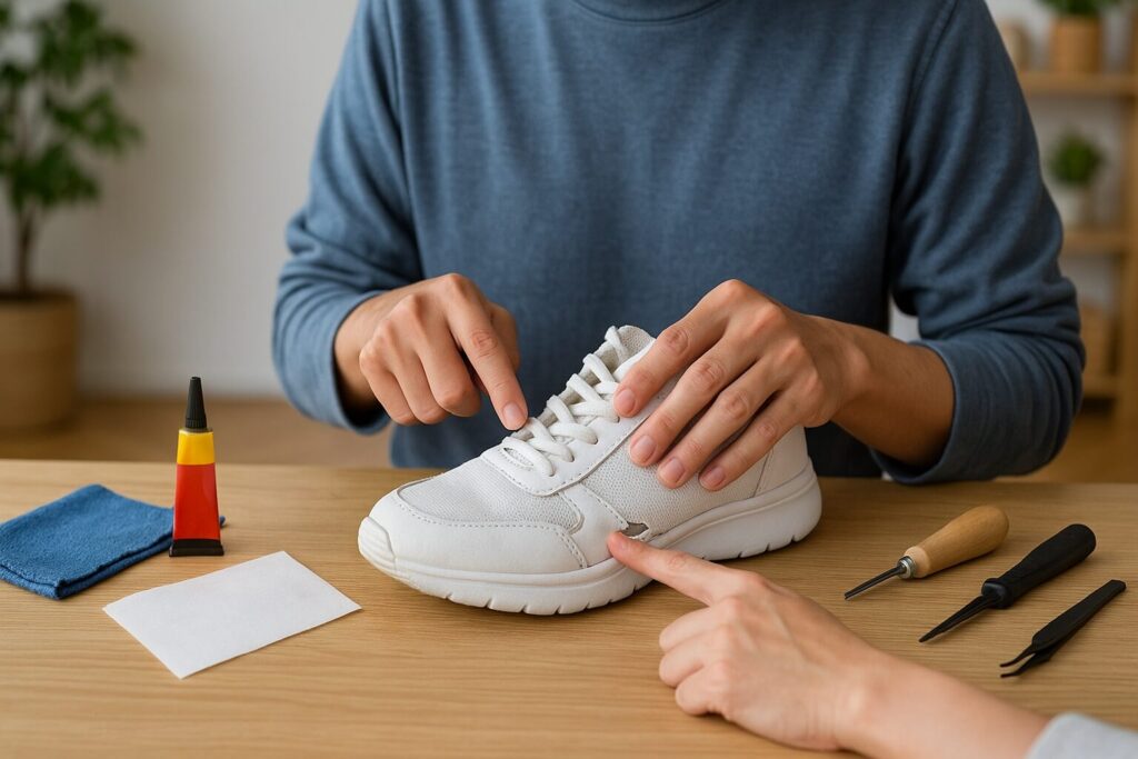 スニーカー側面の小さな破れを日本人の手元で確認し、補修シートや接着剤などの道具を整えた明るく清潔な室内テーブルで修理準備をしている様子