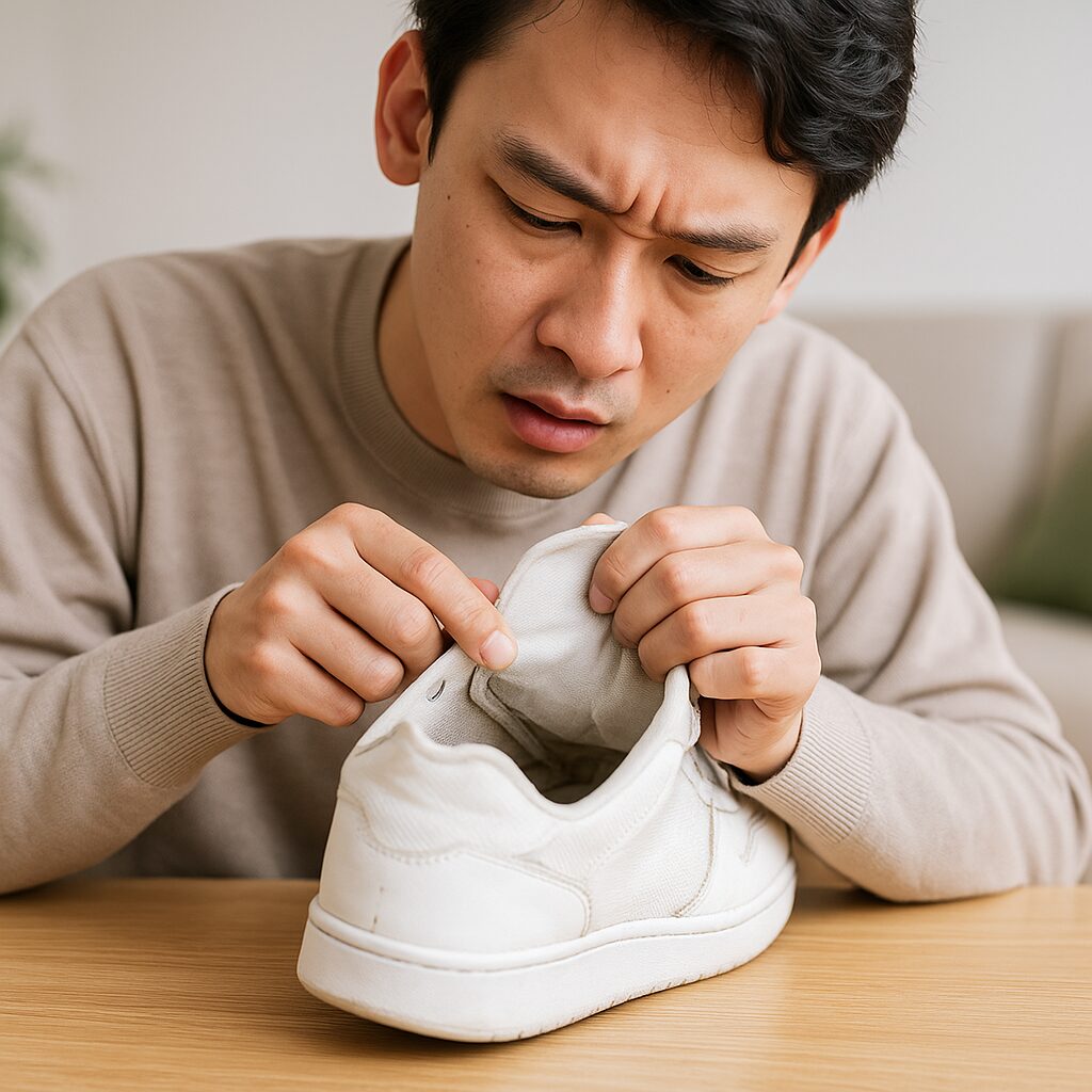 白いスニーカーの内側の破れを確認している日本人男性。テーブルの上でスニーカーのライニング部分を丁寧に見ており、明るく清潔な室内で自然光が差し込む様子。