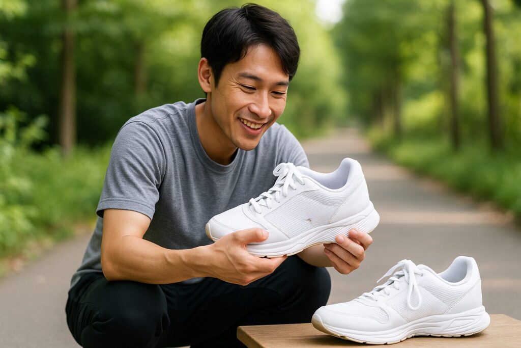 白いスニーカーの側面を確認している日本人男性。屋外の自然光の中でスニーカーの補強部分を丁寧に見ており、明るく清潔な雰囲気の中で破れを防ぐ選び方を考えている様子。