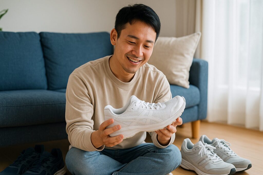 日本人男性が自宅の明るいリビングで複数のスニーカーを並べ、履き回し用の靴を選んでいる様子。白やグレーのスニーカーが整然と置かれ、清潔感のある自然光の空間。