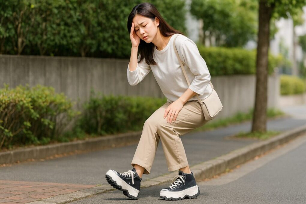 街中の歩道で一息つく日本人女性。ベージュのパンツと白のトップスを着用し、黒の厚底コンバース・トレックウェーブ風スニーカーを履いている。明るい日差しの中、自然な背景に囲まれたリアルで清潔感のあるシーン。