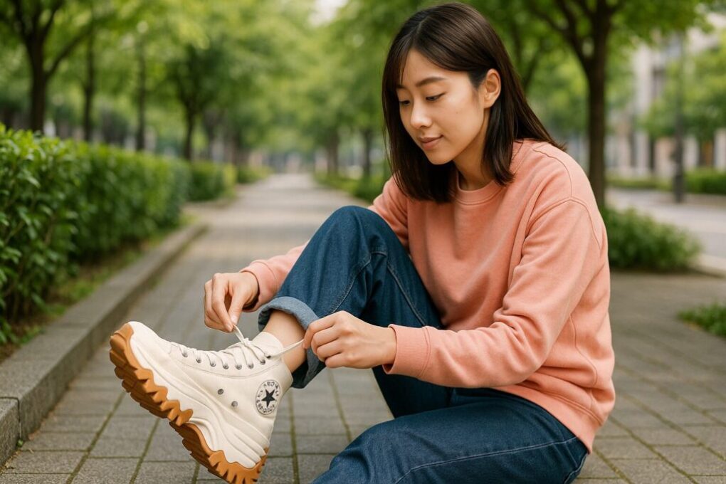 公園の歩道脇にあるベンチでスニーカーの靴ひもを結ぶ日本人女性。オフホワイトの厚底コンバース・トレックウェーブ風スニーカー、ピンクのスウェット、デニムを着用。自然光が差し込み、緑が映える明るく清潔感のある雰囲気。