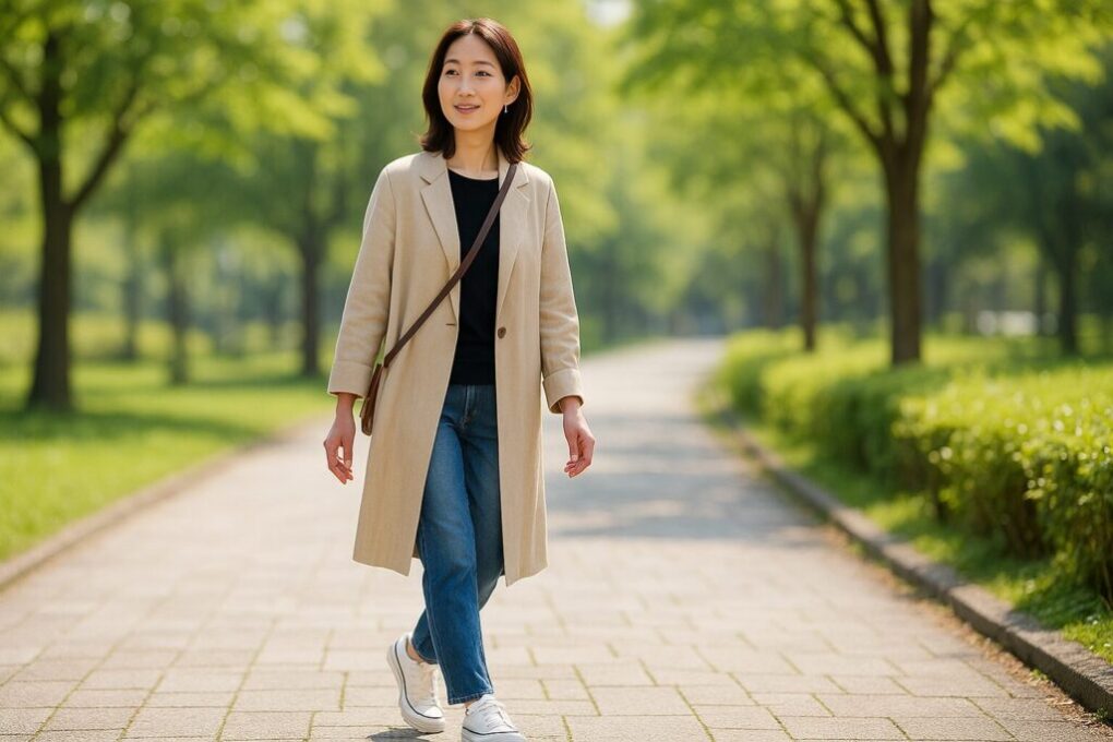 公園の並木道を歩く40代の日本人女性。ベージュのトレンチコートとデニム、白の厚底スニーカーを合わせた上品なカジュアルコーディネート。柔らかな日差しと緑が調和する清潔感のある雰囲気。