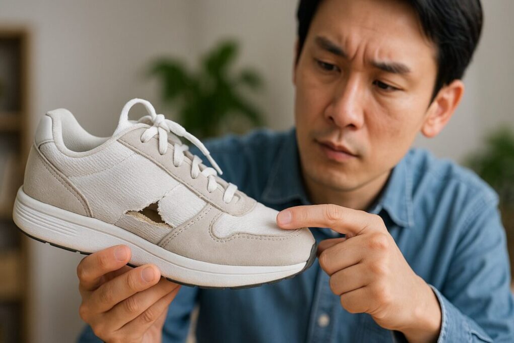 日本人の男性が、側面が破れた白いスニーカーを手に取り、破れた部分を真剣に確認している。背景には室内の植物と棚がぼんやり映っており、明るく清潔感のある雰囲気。