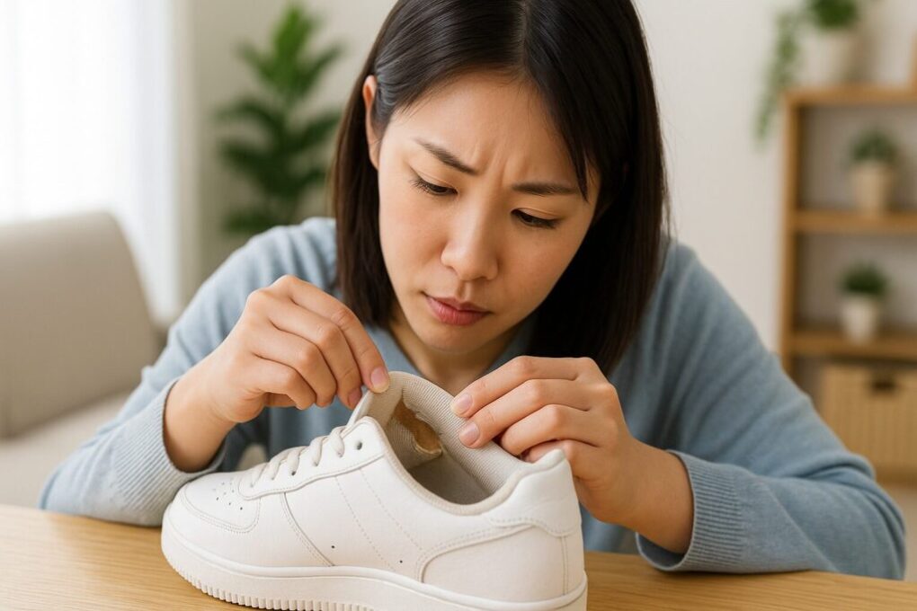 横長16:9の写真。日本人の女性が明るく清潔な室内で、白いスニーカーの内側の破れを丁寧に確認している。靴のかかと内側の布地が擦り切れており、背景には観葉植物や棚が柔らかくぼけている。