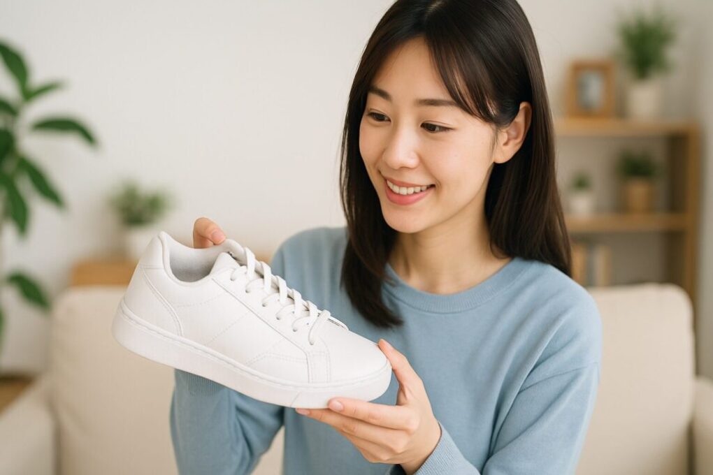 横長16:9の写真。日本人の女性が明るく清潔な室内で白いスニーカーを手に取り、側面を確認しながら笑顔で見ている。背景には観葉植物や棚が自然に映り、全体にナチュラルで爽やかな雰囲気が漂っている。