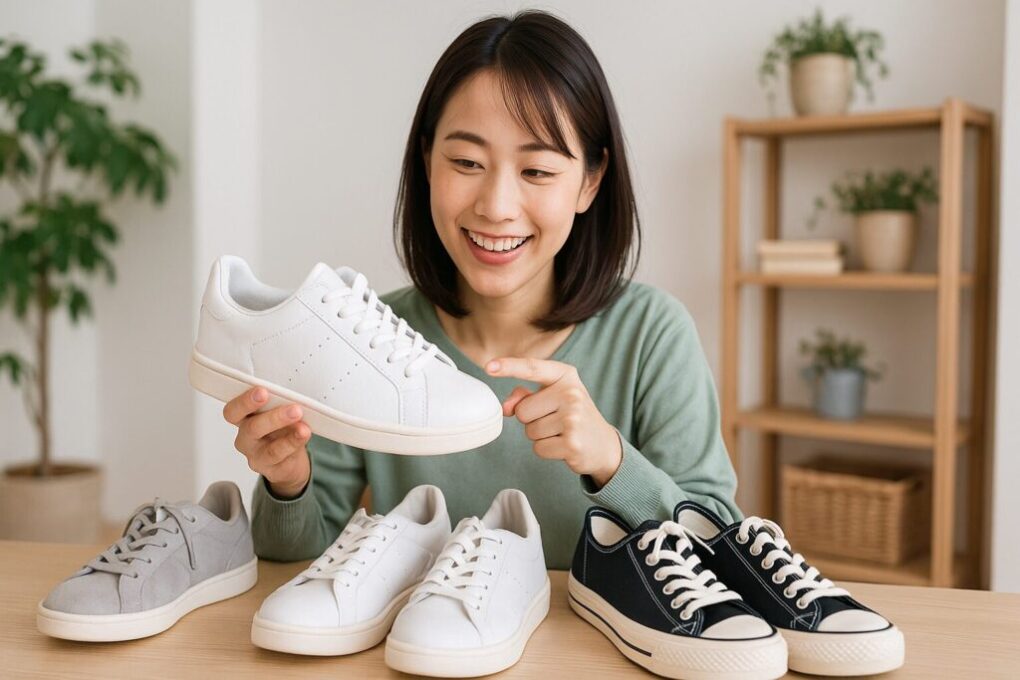 横長16:9の写真。日本人の女性が明るく清潔な室内で、白・グレー・黒のスニーカーを机の上に並べ、白いスニーカーを手に取りながら笑顔で見ている。背景には観葉植物と木製の棚があり、自然でナチュラルな雰囲気。