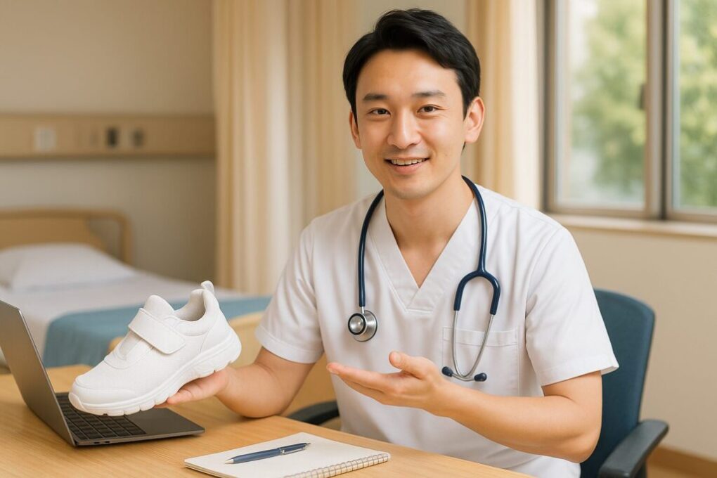 病院の明るい廊下で日本人の医療実習生が白いスニーカーを履いて立っている。清潔感のある雰囲気で、靴が実習用に適したデザインとして映えている。