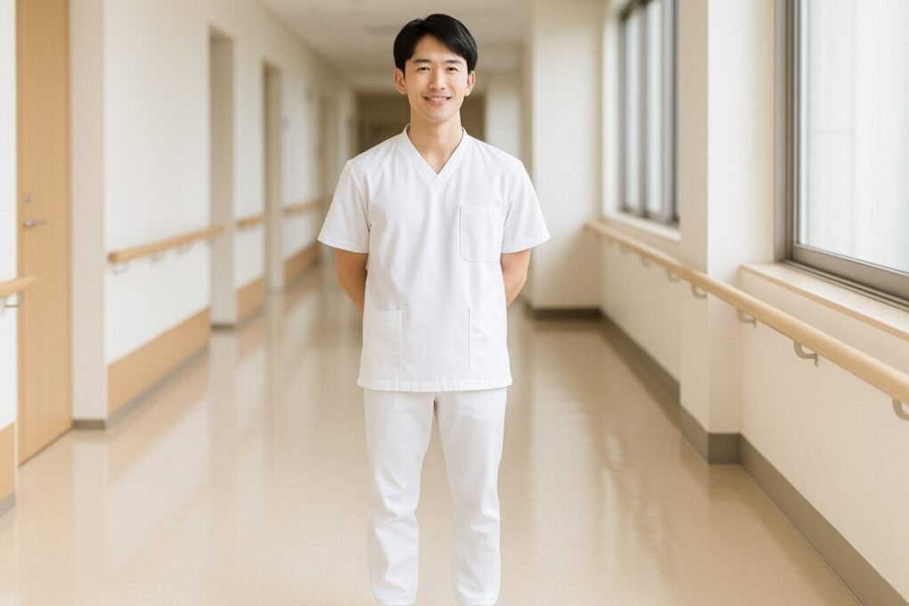 明るく清潔感のある病院の廊下で、日本人の医療実習生が白いスニーカーを履いて自然に立っている。全身のバランスが整い、実習靴の清潔さと快適さが伝わるシーン。