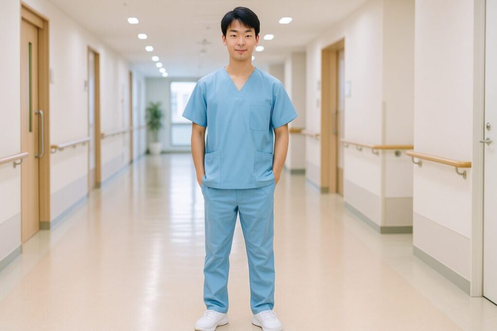 明るく清潔感のある病院の廊下で、日本人の男性医療実習生が白いスニーカーを履いて立っている。靴の清潔さと機能性が伝わる自然なシーン。