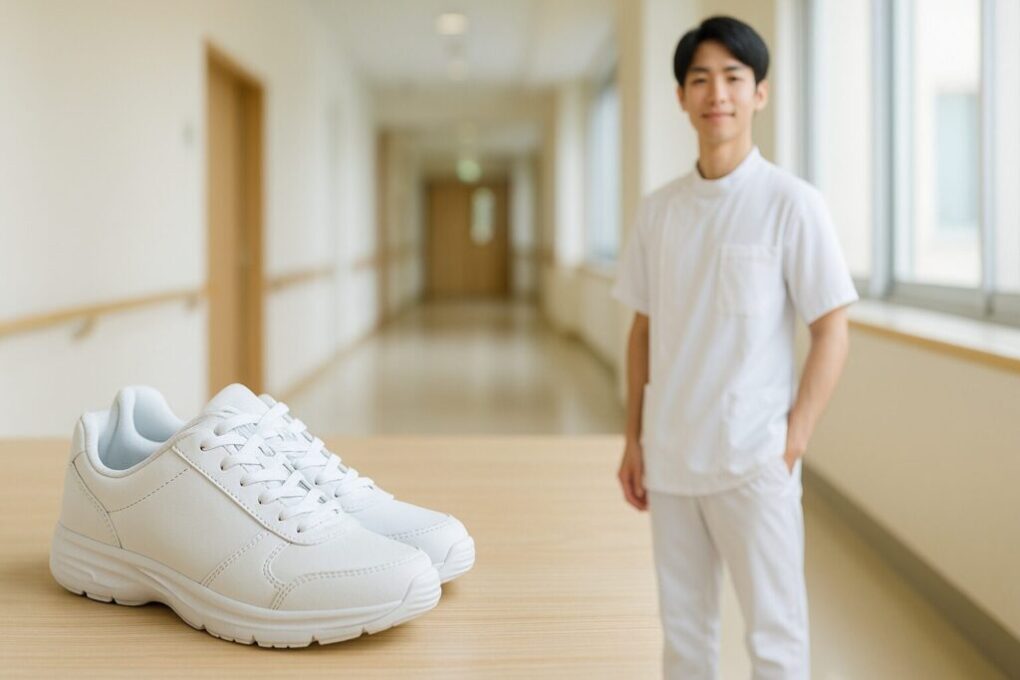 明るい病院の廊下で、日本人の医療実習生が白いスニーカーを履いて立っている。前景には清潔なスニーカーが置かれ、実習靴の選び方とおすすめをイメージさせる自然なシーン。