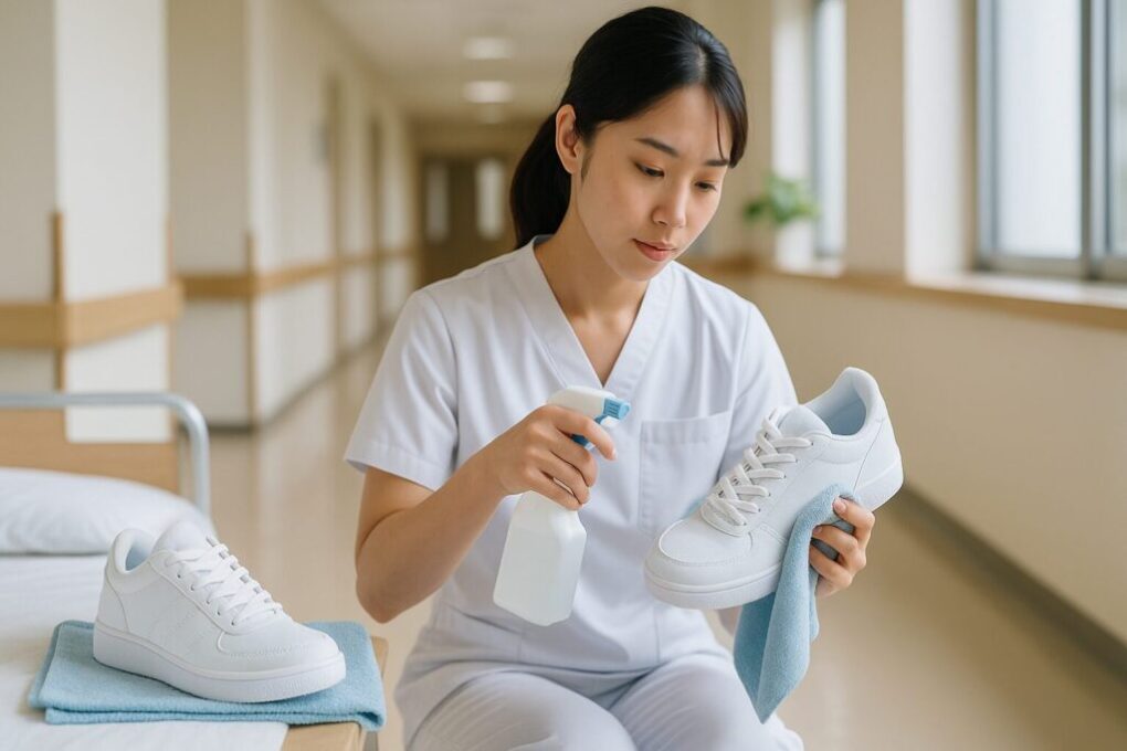 病院の明るい廊下で、日本人の女性医療実習生が白いスニーカーを丁寧にお手入れしている。通気性のある靴素材と清潔感が伝わる自然な雰囲気のシーン。