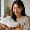 明るい室内で日本人女性が白いアシックススニーカーを手に持ち、笑顔で見つめている様子を写した横長の写真。