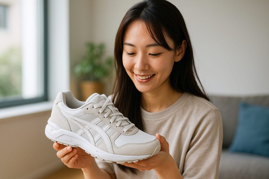 明るい室内で日本人女性が白いアシックススニーカーを手に持ち、笑顔で見つめている様子を写した横長の写真。