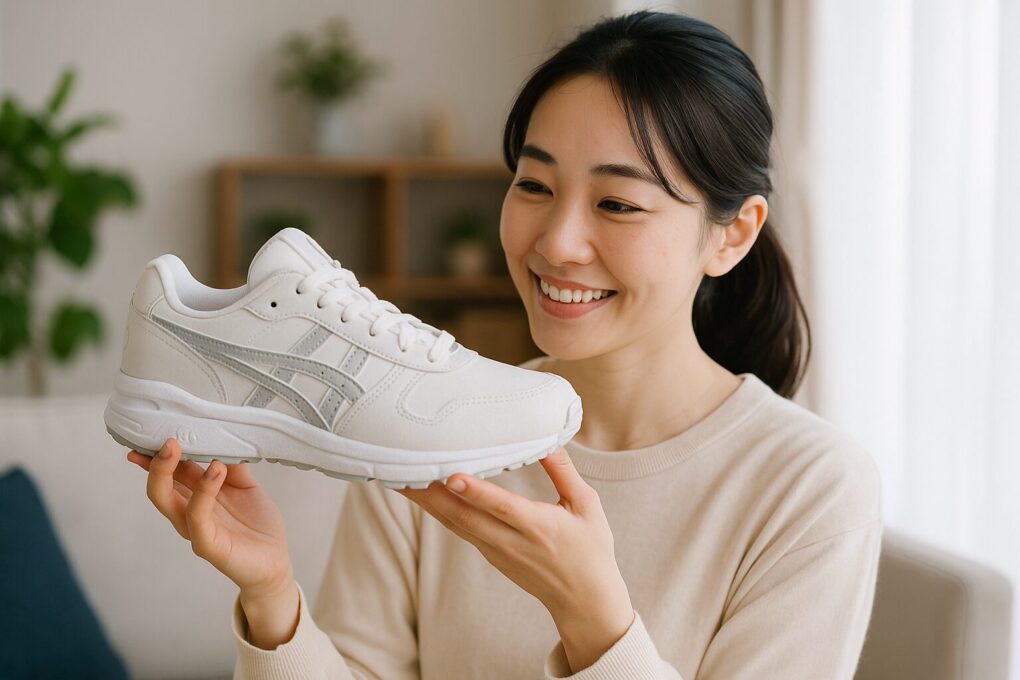明るい室内で日本人女性が白いアシックススニーカーを手に持ち、微笑みながら眺めている様子の写真。