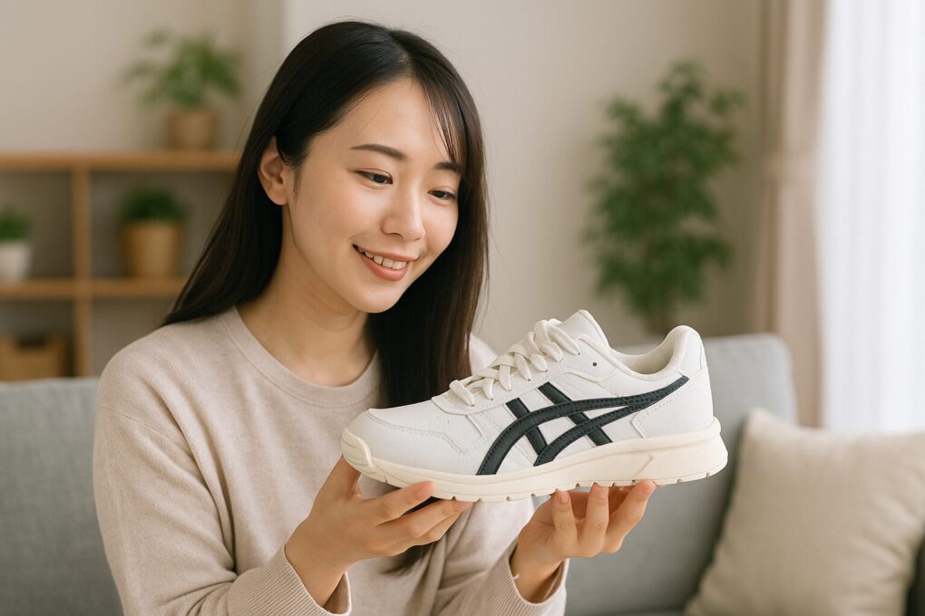 明るい室内で日本人女性が白と黒のアシックススニーカーを両手で持ち、じっくり眺めている様子の写真。