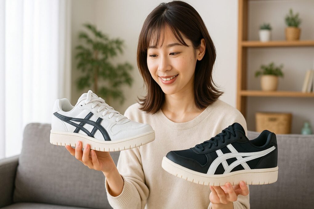 明るい室内で日本人女性が白と黒のアシックススニーカーを手に持ち、比較しながら微笑んでいる様子の写真。