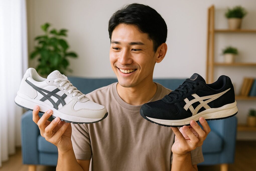明るい室内で日本人男性が白と黒のアシックススニーカーを両手に持ち、サイズ感を比べるように笑顔で見つめている様子の写真。