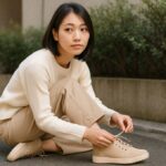 ティンバーランドのベージュ系スニーカーの紐を結ぶ日本人女性が、明るい屋外でしゃがみながらコーデを整えている様子