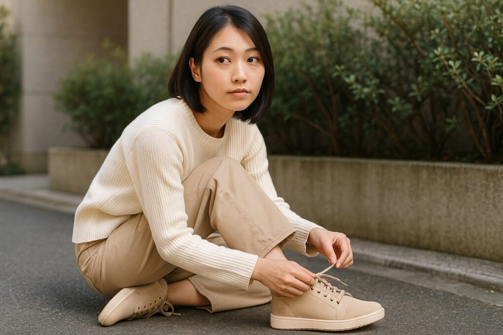 ティンバーランドのベージュ系スニーカーの紐を結ぶ日本人女性が、明るい屋外でしゃがみながらコーデを整えている様子