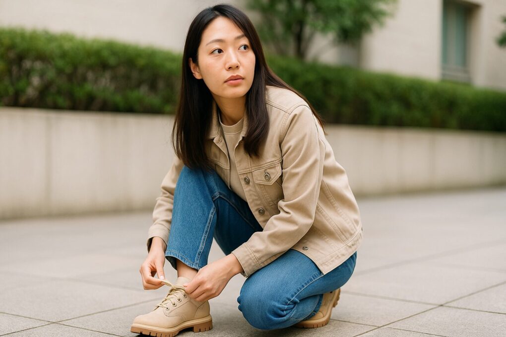 ティンバーランド風のベージュスニーカーの紐を結ぶ日本人女性が、明るい屋外でしゃがみながら足元を整えている様子