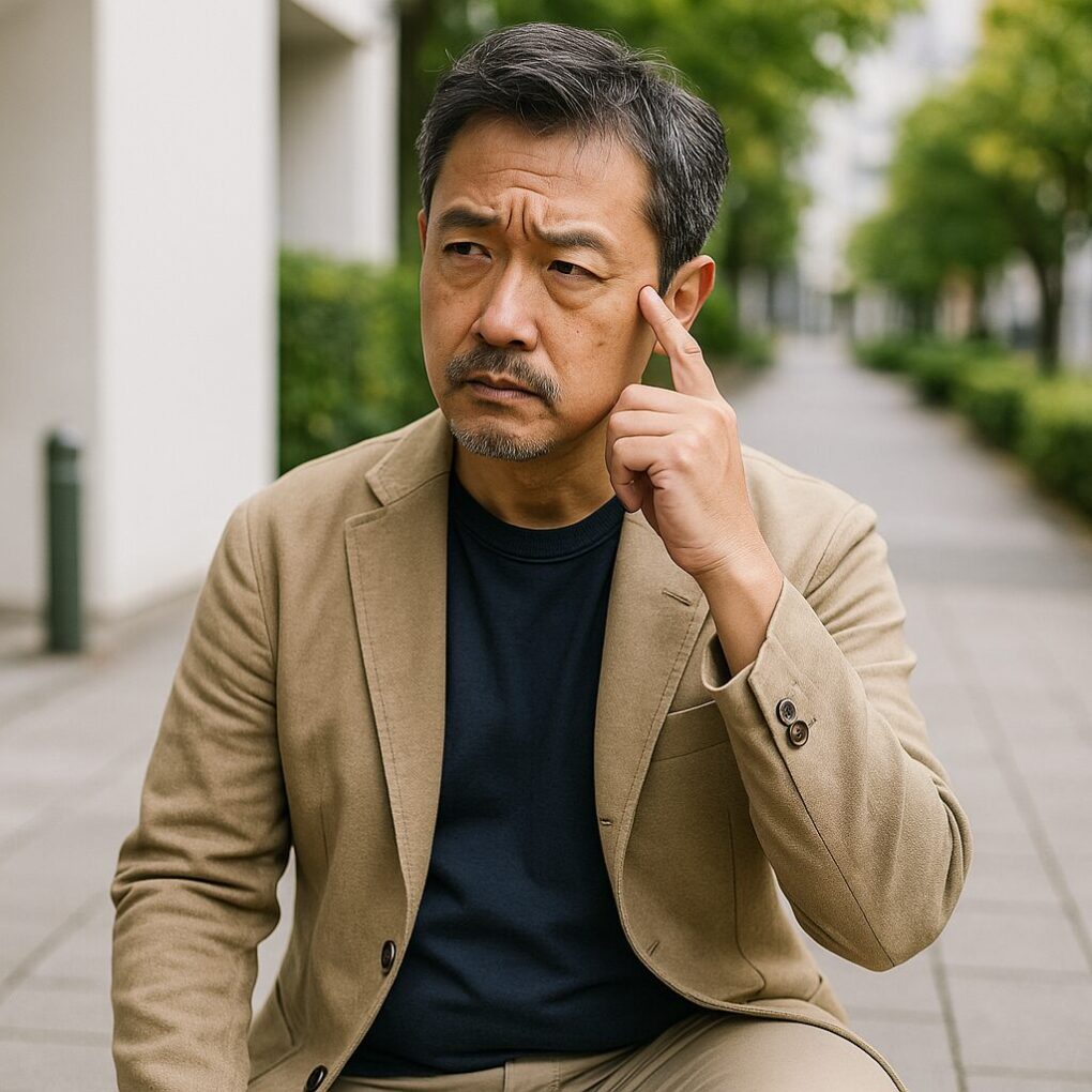 街中の遊歩道でベージュのジャケットを着た日本人男性が、考え込むようにこめかみ付近に指を当てて立っている様子