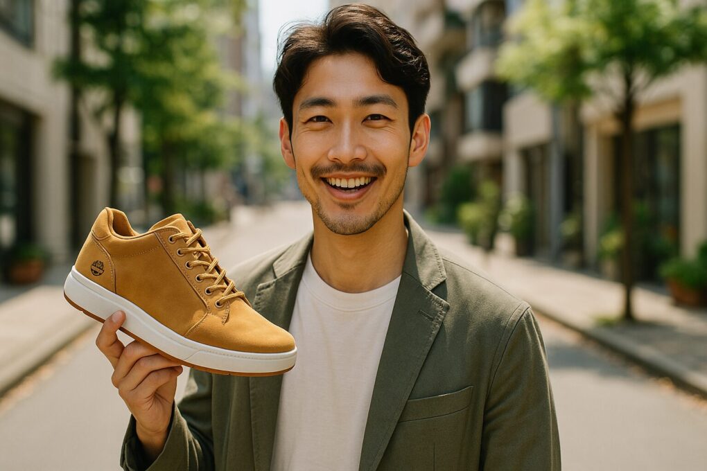 明るい街中で日本人男性がティンバーランド風スニーカーを手に持ち、笑顔で立っている様子