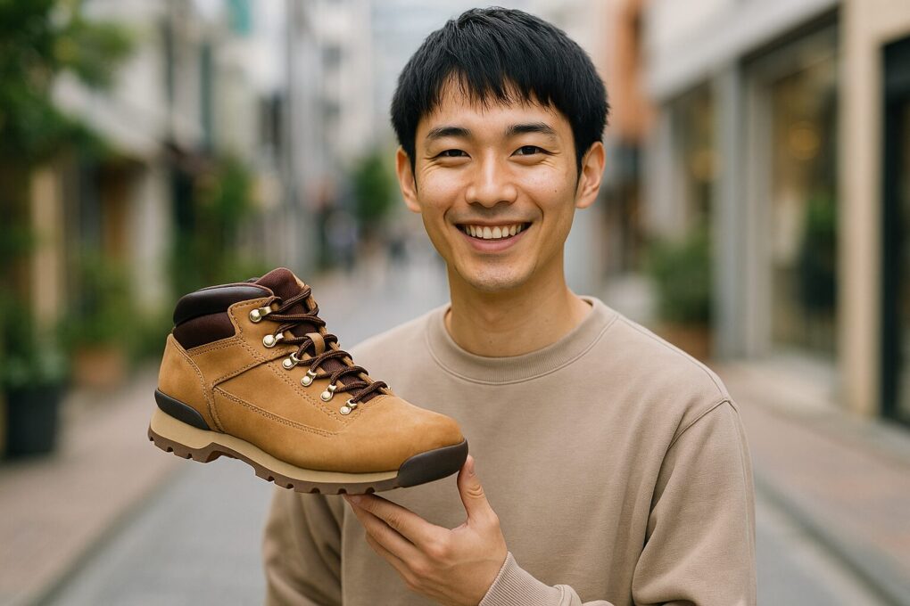 街中の明るい通りで、日本人男性がユーロハイカー風のブラウンブーツを手に持ち、笑顔で立っている様子